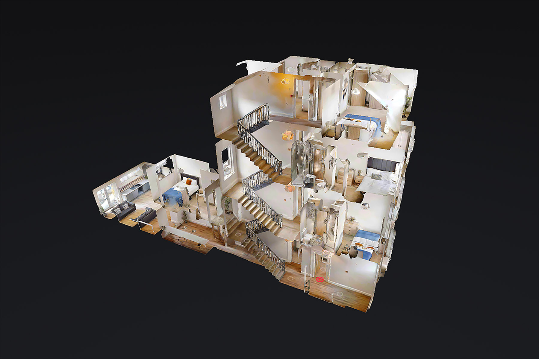 Matterport Dollhouse View displaying multiple levels of a property, individual rooms and connecting staircases