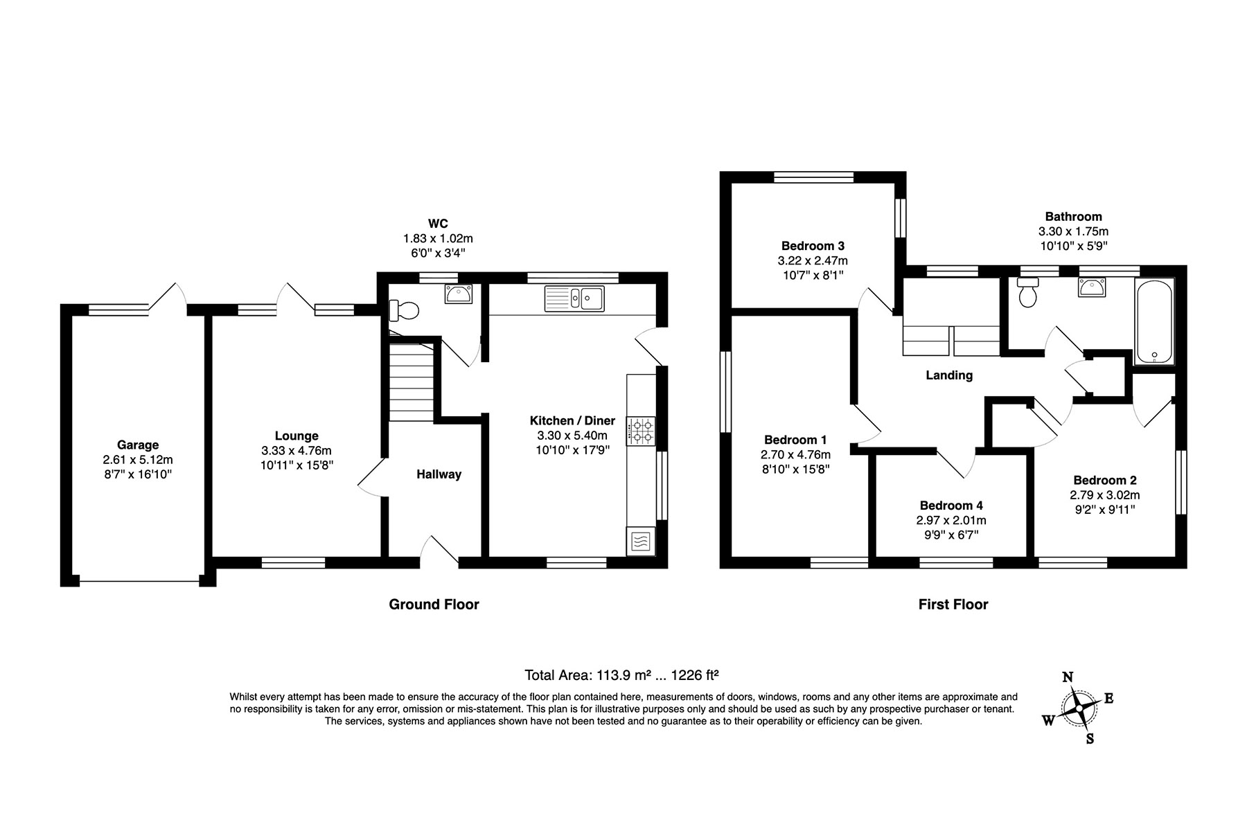 Clear black-and-white two-storey property floorplan with ground floor and first floor room labels, measurements and total area